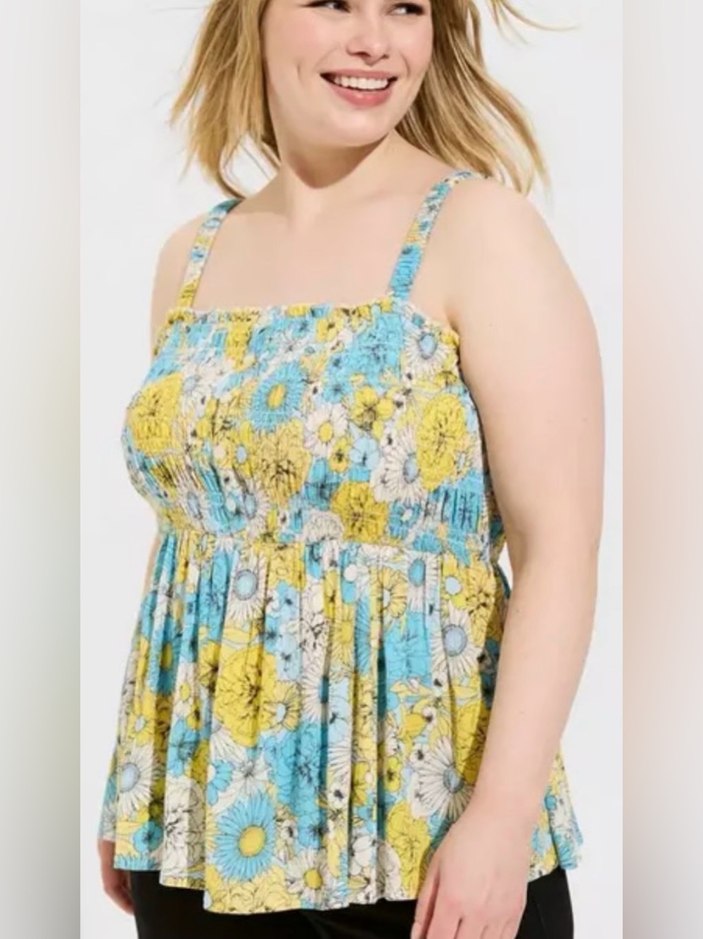 Torrid Floral Smocked Babydoll Tank Top Blue Yellow Women's Size 2 (2X)